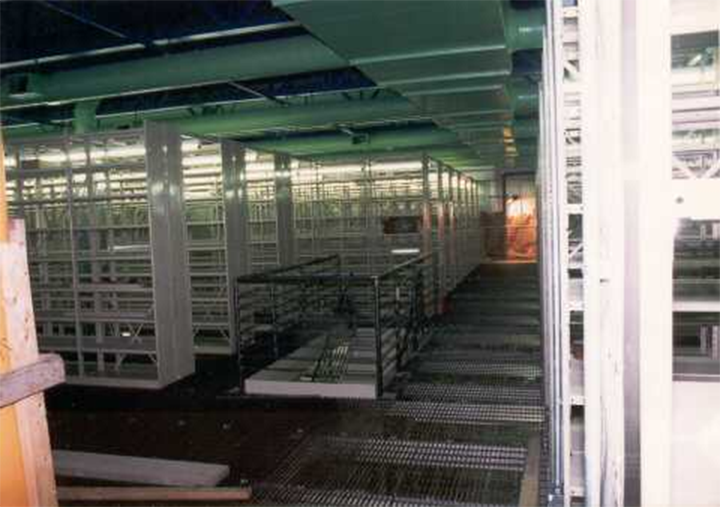 Three-story, shelving-supported mezzanine storing 80,000 shelves